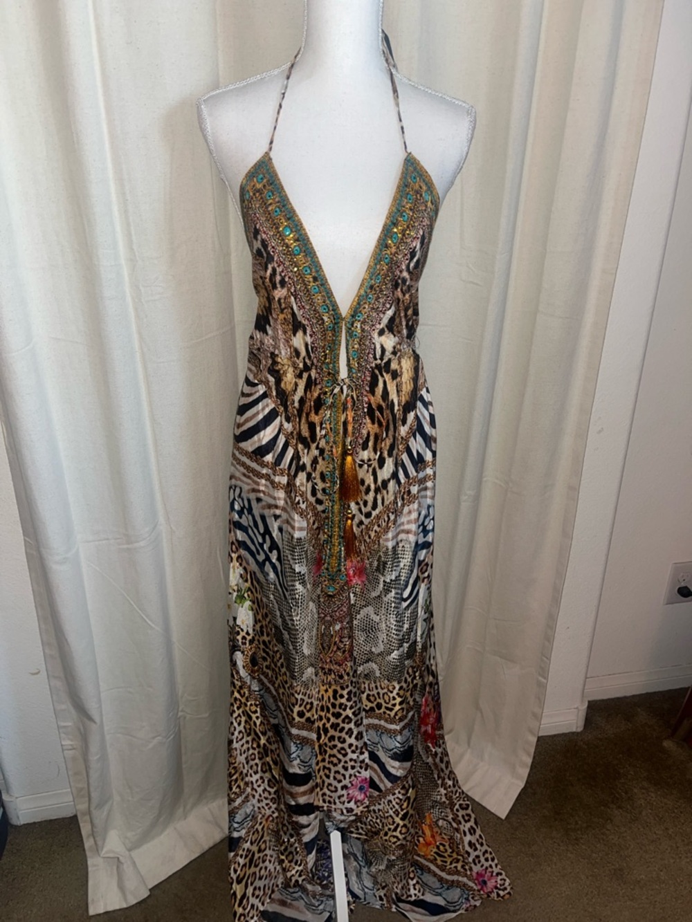 Embellished Animal-Print Halter Maxi Dress in Multicolor